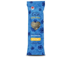 White background with a picture of a blue Burgess Excel Nature Snacks Forage & Feast Bar with Cornflower with illustrated Cornflowers pictured on the packet. A heart shaped window shows the bar inside.