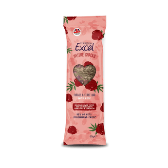 White background with a picture of a pink Burgess Excel Nature Snacks Forage & Feast Bar with Rose with illustrated Roses pictured on the packet. A heart shaped window shows the bar inside.