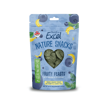 White background with a picture of a blue packet of Burgess Excel Nature Snacks Fruity Feasts with illustrated bananas and blueberries pictured on the packet. A heart shaped window shows the treats inside.
