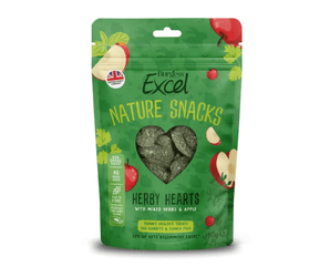 White background with a picture of a green packet of Burgess Excel Nature Snacks Herby Hearts with illustrated apples and herbs pictured on the packet. A heart shaped window shows the treats inside.