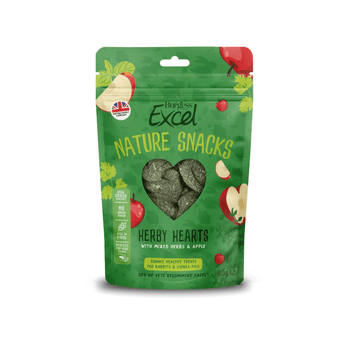 White background with a picture of a green packet of Burgess Excel Nature Snacks Herby Hearts with illustrated apples and herbs pictured on the packet. A heart shaped window shows the treats inside.