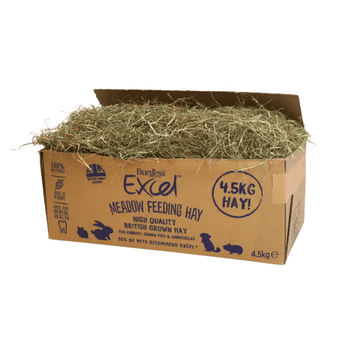 White background with a brown box of Burgess Excel Meadow Feeding Hay with an open lid showing the hay inside.
