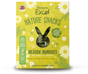 White background with a picture of a green box of Burgess Excel Nature Snacks Meadow Munchies with illustrated camomile flowers pictured on the packet. A rabbit shaped window shows the treats inside.