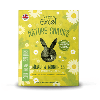 White background with a picture of a green box of Burgess Excel Nature Snacks Meadow Munchies with illustrated camomile flowers pictured on the packet. A rabbit shaped window shows the treats inside.