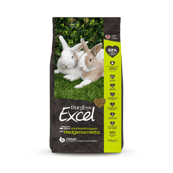 White background with a bag of Burgess Excel Nature's blend rabbit dry food. On the bag are two ginger and white rabbits on grass. Text on the bag reads 'Burgess Excel, Nature's Blend, Adult Rabbit Nuggets with Hedgerow Herbs'.