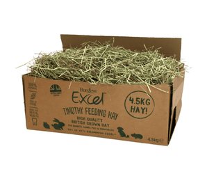 White background with a brown box of Burgess Excel Timothy Feeding Hay with an open lid showing the hay inside.