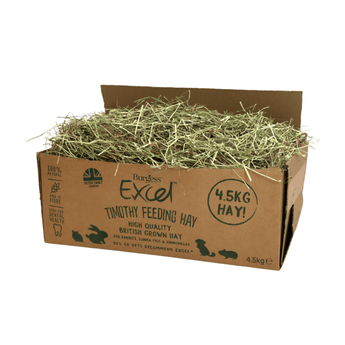 White background with a brown box of Burgess Excel Timothy Feeding Hay with an open lid showing the hay inside.