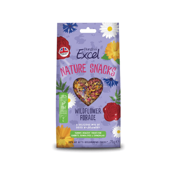 White background with a picture of a purple packet of Burgess Excel Nature Snacks Wildflower Forage with illustrated flowers pictured on the packet. A heart shaped window shows the wildflower mix inside.