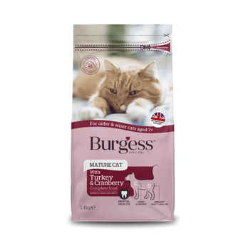White background with a bag of Burgess Mature Cat dry food. On the bag is a ginger tabby and white cat lying down. Text on the bag reads 'Burgess Mature Cat, with Turkey & Cranberry, Complete Food. 1.4kg'