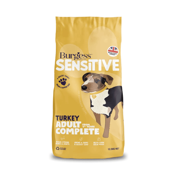 White background with a yellow bag of Burgess Sensitive Adult dry food. On the bag is a illustration of a tri-coloured dog. Text on the bag reads 'Burgess Sensitive, Turkey Adult Complete, from 1+ years'.