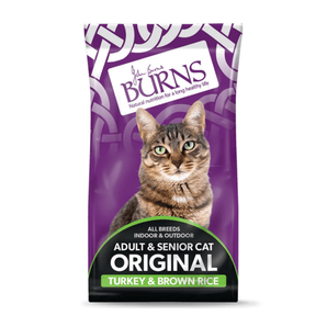 White background with a purple bag of Burns Adult Cat food. On the bag an adult brown tabby cat is pictured with text 'All Breeds, Indoor & Outdoor, Original, Adult & Senior, Turkey & Brown Rice'