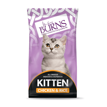 White background with a purple bag of Burns Kitten food. On the bag a silver tabby kitten is pictured with text 'All Breeds, Indoor & Outdoor, Kitten, Chicken & Rice'