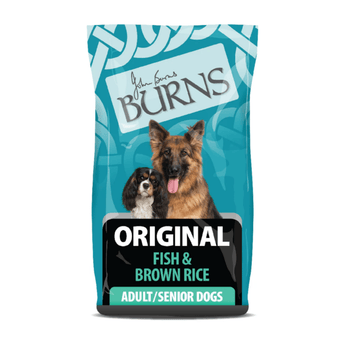 White background with a bag of Burns Original Fish dry dog food, pictured on the bag is a German Shepherd and a Cavalier King Charles Spaniel below is text 'Original Fish & Brown Rice, Adult/Senior Dogs'.