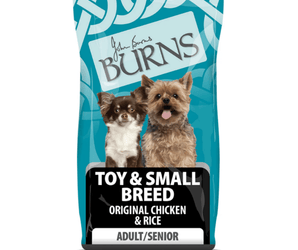 White background with a bag of Burns Small Breed Original Chicken dry dog food, pictured on the bag is a Yorkshire terrier and a Chihuahua below is text 'Toy & Small Breed, Original Chicken & Rice, Adult/Senior Dogs'.