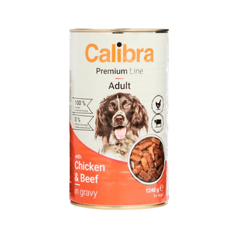 A can of Calibra Premium Line Adult dog food, Chicken & Beef in gravy, 1240g. The can features a white and orange label with a picture of a brown dog and a circular inset showing the wet food pieces.
