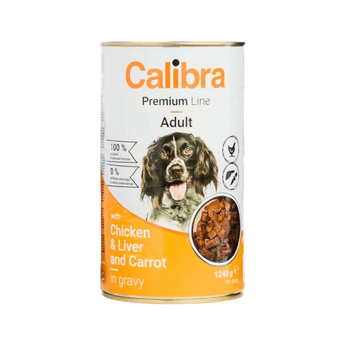 A can of Calibra Premium Line Adult dog food, featuring chicken and liver and carrot in gravy, on a plain white background.