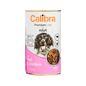 A can of Calibra Premium Line Adult dog food, veal and chicken in gravy, on a plain white background. The can features a white and pink label with an image of a black and white dog and a circular inset showing the wet food pieces.