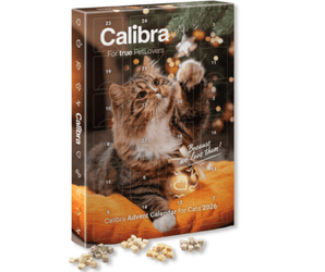 Calibra 2026 Advent Calendar for Cats, featuring a festive holiday cover with a tabby cat and scattered cat treats in front on a white background.