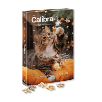 Calibra 2026 Advent Calendar for Cats, featuring a festive holiday cover with a tabby cat and scattered cat treats in front on a white background.