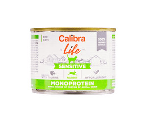 A can of Calibra Life Sensitive Monoprotein cat food, designed for rabbits and hypoallergenic diets, shown on a plain white background.