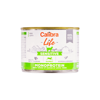 A can of Calibra Life Sensitive Monoprotein cat food, designed for rabbits and hypoallergenic diets, shown on a plain white background.