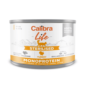 A can of Calibra Life Sterilised Monoprotein cat food, featuring a white label with orange and grey text and graphics, set against a plain white background.