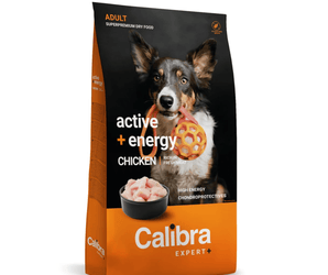 A bag of Calibra Expert+ adult dry dog food, 'active + energy' chicken flavor, shown on a clean white background. The packaging features a black top half with a photo of a dog holding a ball, and an orange bottom half with the brand name.
