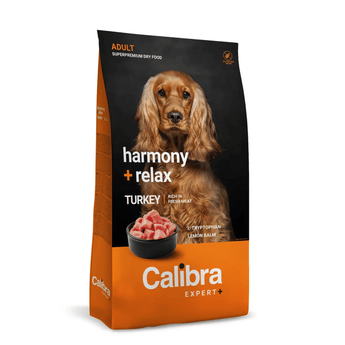 A bag of Calibra Expert+ Harmony + Relax adult dry dog food, featuring a brown Cocker Spaniel on the packaging and a bowl of raw turkey meat shown on the front.