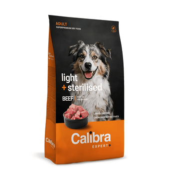 A bag of Calibra Expert+ dog food, specifically 'light + sterilised' adult dry food in beef flavor. The packaging features a black top half with a photo of an Australian Shepherd, and an orange bottom half with the brand name 'Calibra Expert+'.
