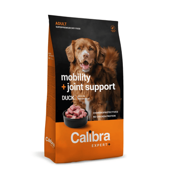 A bag of Calibra Expert + dog food, specifically 'mobility + joint support' in Duck flavor, featuring a golden retriever on the packaging against a white background.