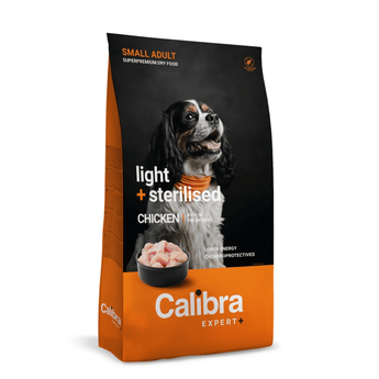 A bag of Calibra Expert+ small adult dry dog food, chicken flavor, featuring a black and orange package design with a photo of a dog on the front.