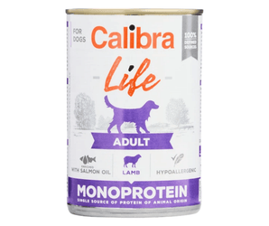 A can of Calibra Life Adult Monoprotein dog food on a plain white background. The can features a white label with purple and orange text, a purple dog silhouette, and icons indicating salmon oil, lamb, and hypoallergenic ingredients.