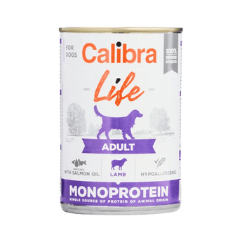 A can of Calibra Life Adult Monoprotein dog food on a plain white background. The can features a white label with purple and orange text, a purple dog silhouette, and icons indicating salmon oil, lamb, and hypoallergenic ingredients.