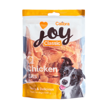A package of Calibra Joy Classic Chicken Bits dog treats, featuring a white and orange stand-up pouch with a picture of a black and white dog on the front.