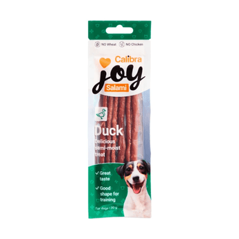 Caltbra Joy Salami Duck semi-moist dog treats in a green and white plastic package with a photo of a dog on the front.