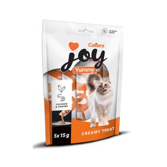 A package of Calibra Joy Yummy Creamy Treats for cats, featuring a white and orange stand-up pouch with a photo of a fluffy cat on the front, set against a plain white background.