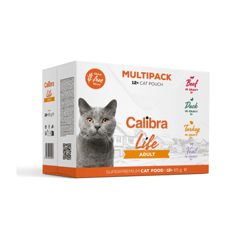 A box of Calibra Life Adult cat pouches, a multipack containing 12x85g of super-premium cat food. The packaging features a grey cat photo on the front, with orange and white branding on a clean white background.