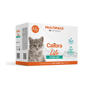 A box of Calibra Life Sterilised Multipack cat pouches, featuring a grey tabby cat on the front, set against a plain white background.