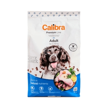 A 3kg bag of Calibra Premium Line Adult dog food, featuring a white bag with a picture of a dog and a blue bottom section, on a white background.