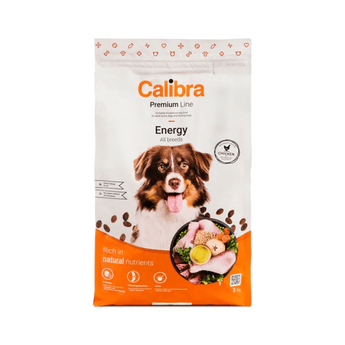 A 3kg bag of Calibra Premium Line dog food, Energy All Breeds, featuring a brown and white dog on the front, set against a plain white background.