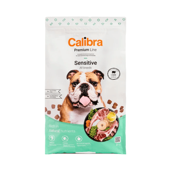 A 3kg bag of Calibra Premium Line Sensitive dog food for all breeds, featuring a white and mint green package with a picture of an English Bulldog and an illustration of raw meat and vegetables.