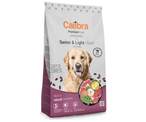 Calibra Premium Line Senior & Light Beef dog food in a 3kg bag, featuring a golden retriever on the packaging against a white background.
