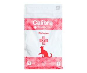 A 2 kg bag of Calibra+ Veterinary Diets Diabetes cat food, featuring a white and pink design with a red cat silhouette and cross logo.