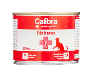 A 200 g can of Calibra Veterinary Diets Diabetes cat food, featuring a red and white label with a red cat silhouette and medical cross symbol, set against a plain white background.