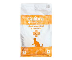 A 2 kg bag of Calibra Veterinary Diets Gastrointestinal & Pancreas cat food, featuring a white and orange design with a cat silhouette on a white background.