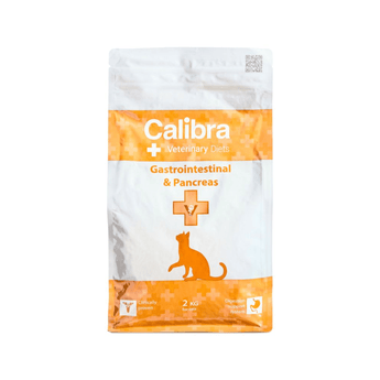 A 2 kg bag of Calibra Veterinary Diets Gastrointestinal & Pancreas cat food, featuring a white and orange design with a cat silhouette on a white background.