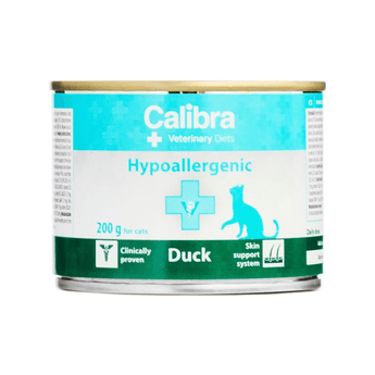 A 200g can of Calibra Hypoallergenic Duck cat food, featuring a white and teal label with a green bottom band, shown on a plain white background.