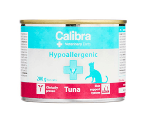 A can of Calibra Veterinary Diets Hypoallergenic Tuna cat food, 200g, featuring a white label with turquoise and pink accents, and a gold metal lid, on a white background.
