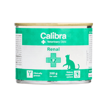 A 200 g can of Calibra Veterinary Diets Renal cat food, featuring a green and white label with a cat silhouette and medical cross symbol, set against a plain white background.