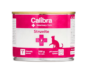 A can of Calibra Struvite veterinary cat food, 200g, featuring a pink and white label with a gold lid, set against a plain white background.